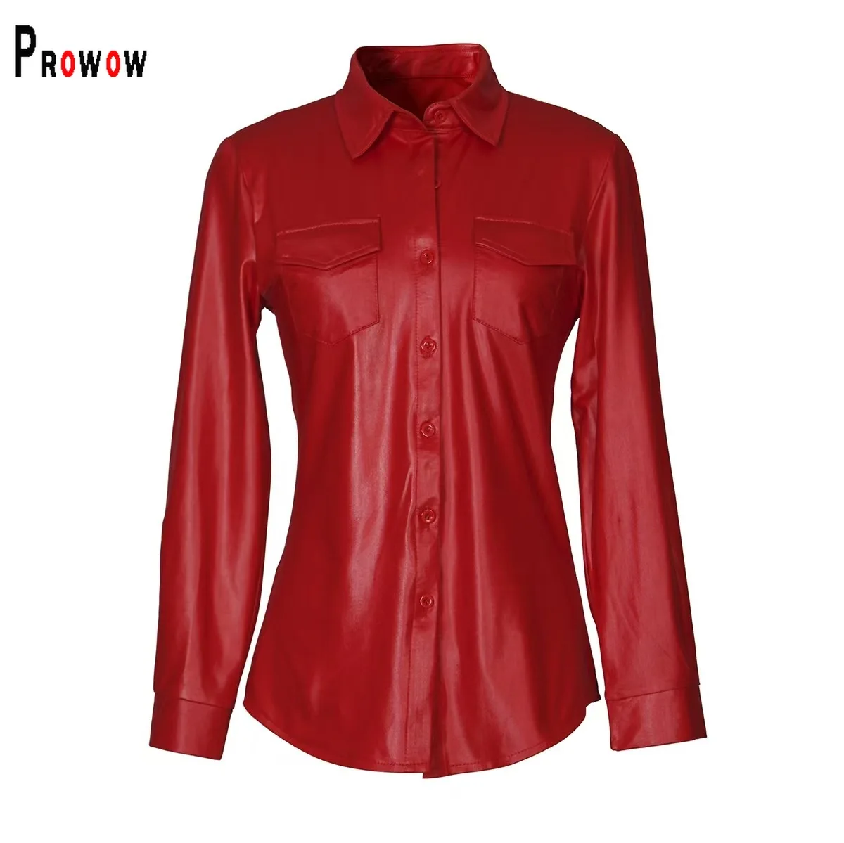 

Prowow модные мягкие женские блузки из искусственной кожи красные облегающие женские верхняя одежда с длинными рукавами однобортные осенне-весенние женские топы одежда
