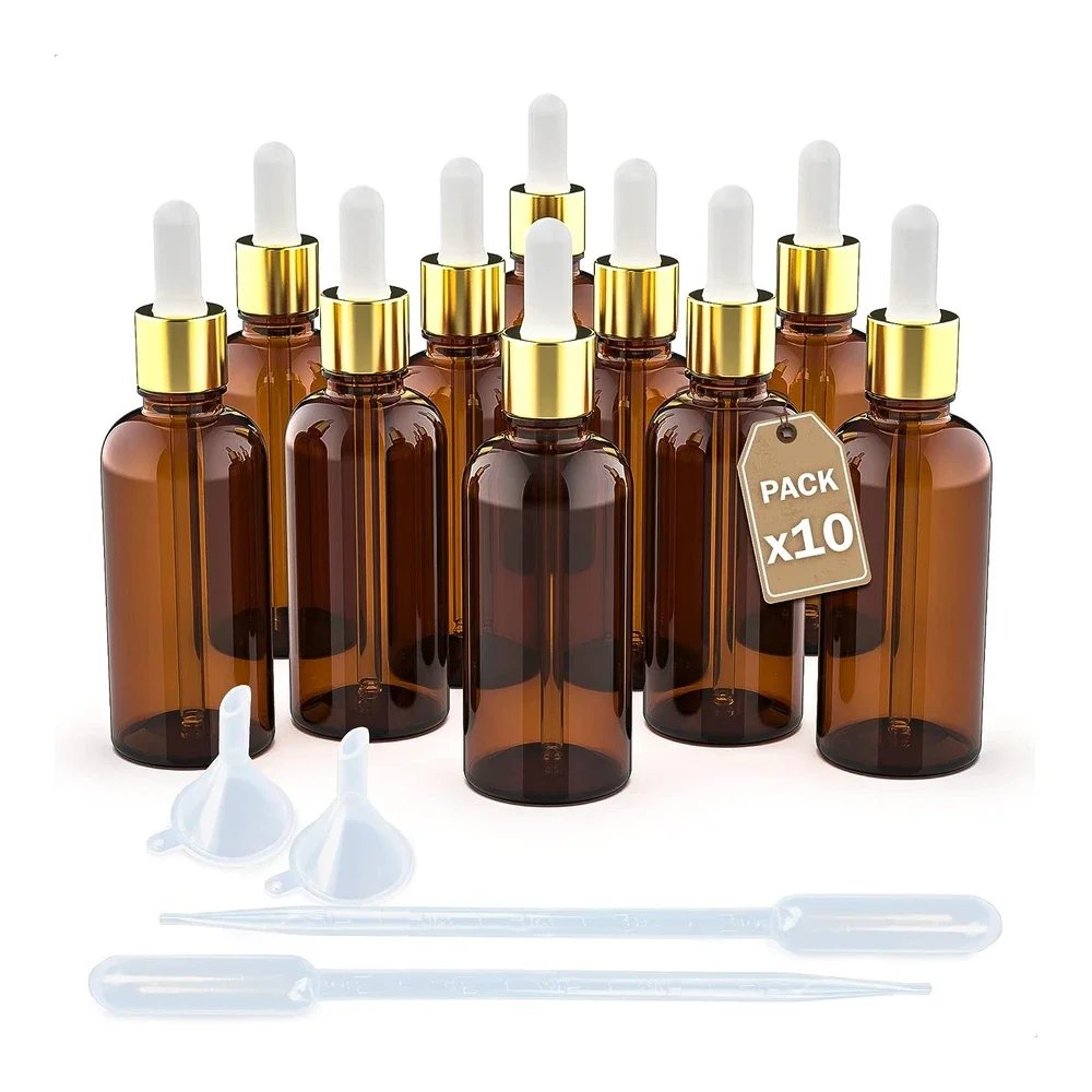 LG Luxury & Grace Cuentagotas de cristal ámbar con cierre dorado y pipeta blanca Pack 10 x 100 ml - 140 x 44 mm