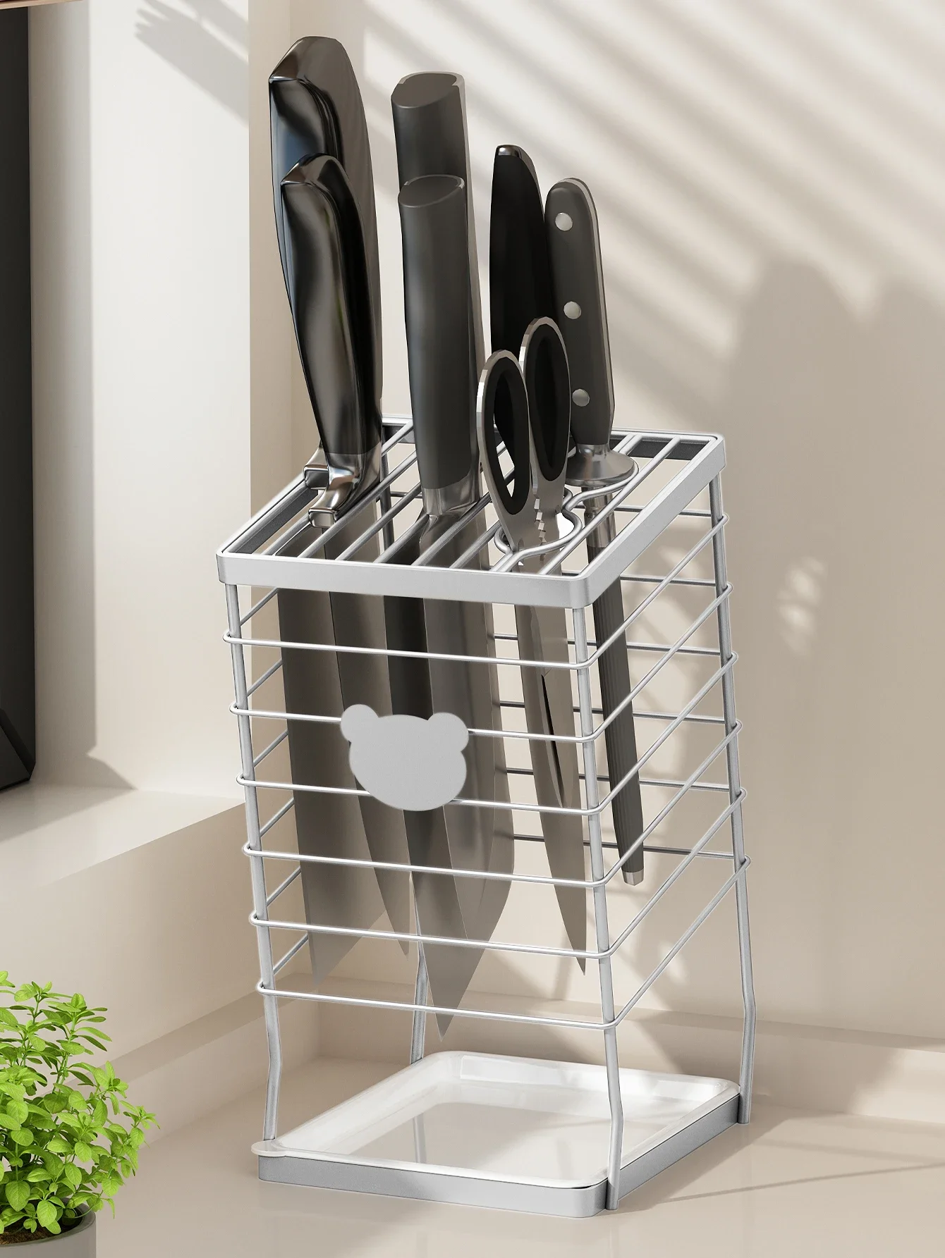 Universal Knife Organizer Stainless Steel Kitchen Drainage Vegetable Knife Holder Storage Rack With Detachable Drain Tray 2