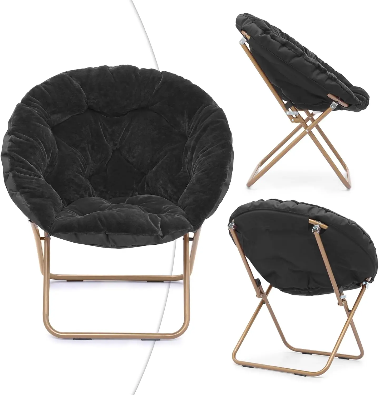 Silla redonda plegable de gran tamaño con platillo lunar para adultos con reposapiés otomano, silla grande y acogedora para dormitorio, color negro