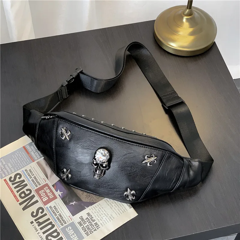 

Annmouler 2022 Unisex Waist Packs Punk Style Fanny Pack Black Leather Skull Chests Bag Designer Rivet Phone Pouch Adjustable Bag