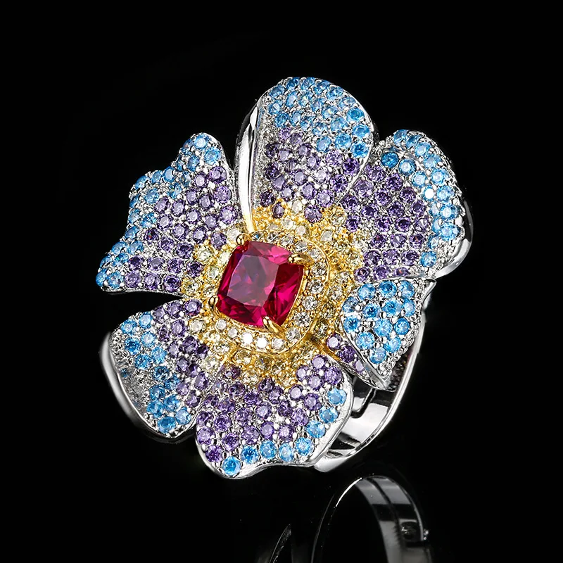 Exquisite CZ Flower Cocktail Ring Colorful Zircon Surrounded Sparkling Silver Plated High End Statement Jewelry for Women Party
