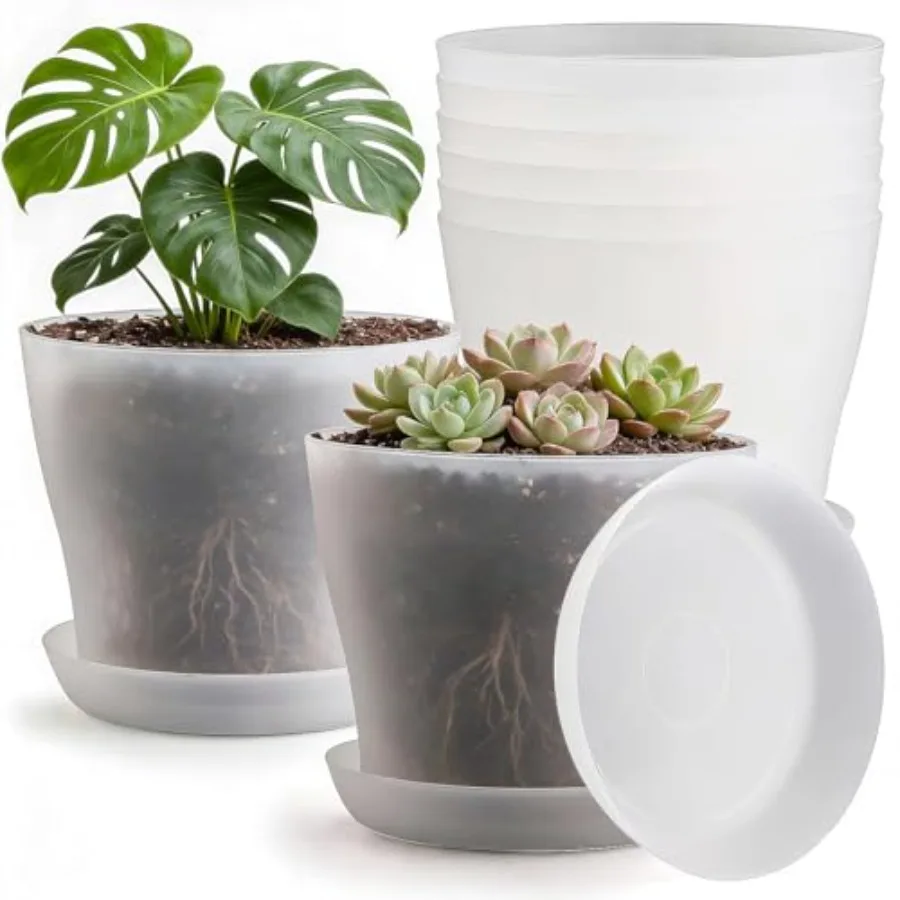 

6 Pack 8 Inch Clear Nursery Pots Plant Pots with Large Drainage Holes and Saucer, Plastic Flower Pots - Durable Outdoor/Indoor