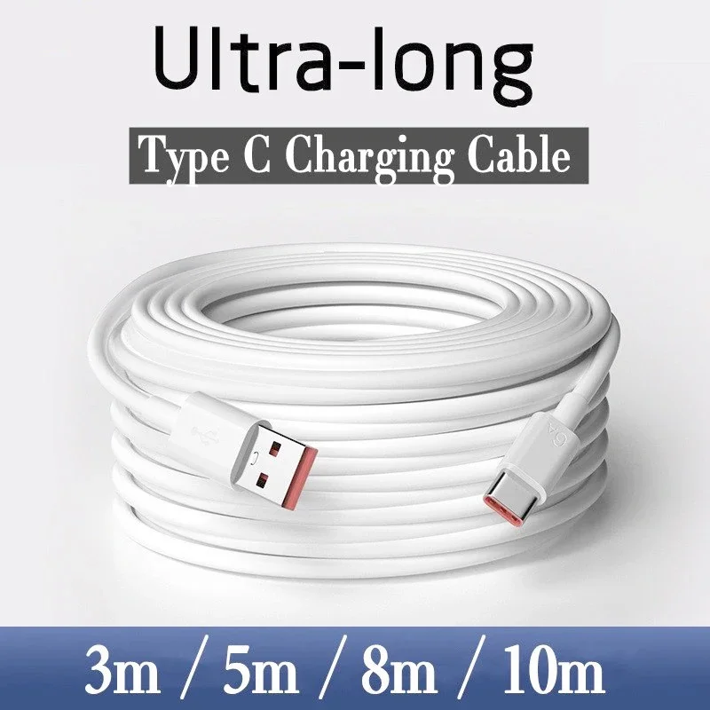 Extra Longo Tipo C Cabo de carregamento, Fio carregador, Cabo para Samsung, Xiaomi, Huawei, Celular, Dados longos, 1m, 5m, 10m