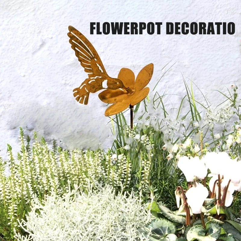 

Rusty Lookings Hummingbird Flower Stake Outdoor Backyard Garden Decorative Stake with Weather Resistant Iron Yard Decors Y5GB