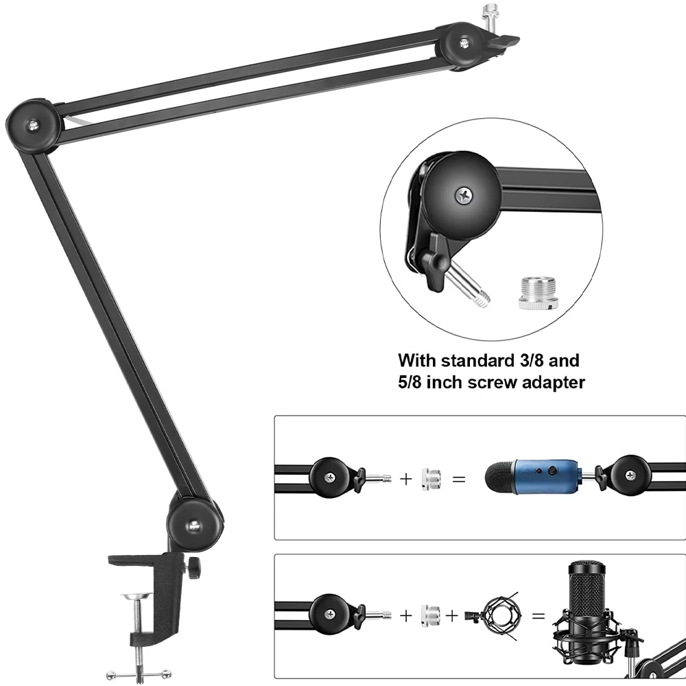 Microphone Heavy Duty Arm Desktop Stand Adjustable with 5 Ties Spring Built-in Mic Arm Sturdier Stand for Blue Yeti Snowball
