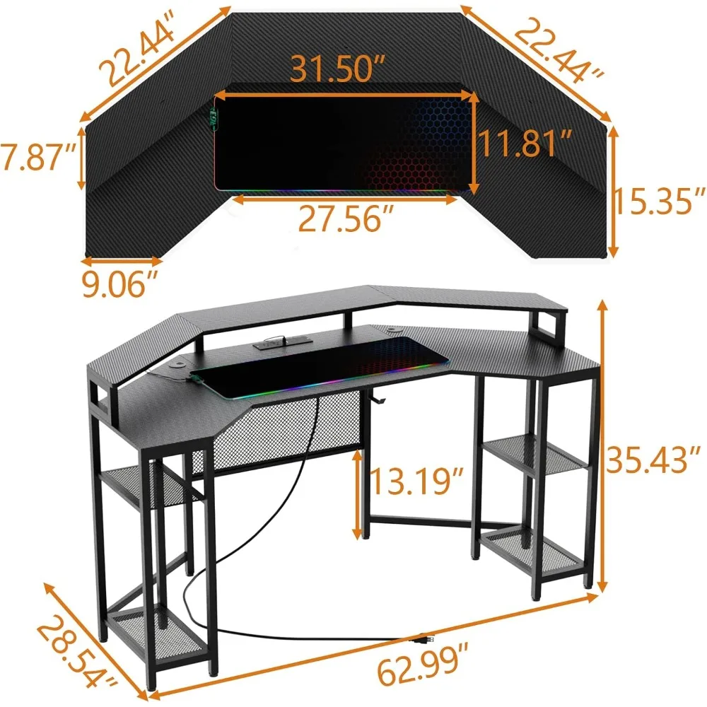 Computer Desk with Power Outlet & Led Light, 63" Large Wing-Shaped Gaming Desk with Full Monitor Stand, Wireless Charging, RGB