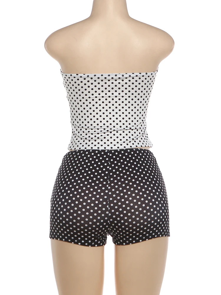 Kliou Sexy Modisches 2-Teiliges Set für Damen mit Polka-Dot-Print, Wickeloberteil, Rückenfreies Tanktop + Figurbetonte Pfirsichfarbene Hüftshorts, High-Street-Outfits – Detail 5