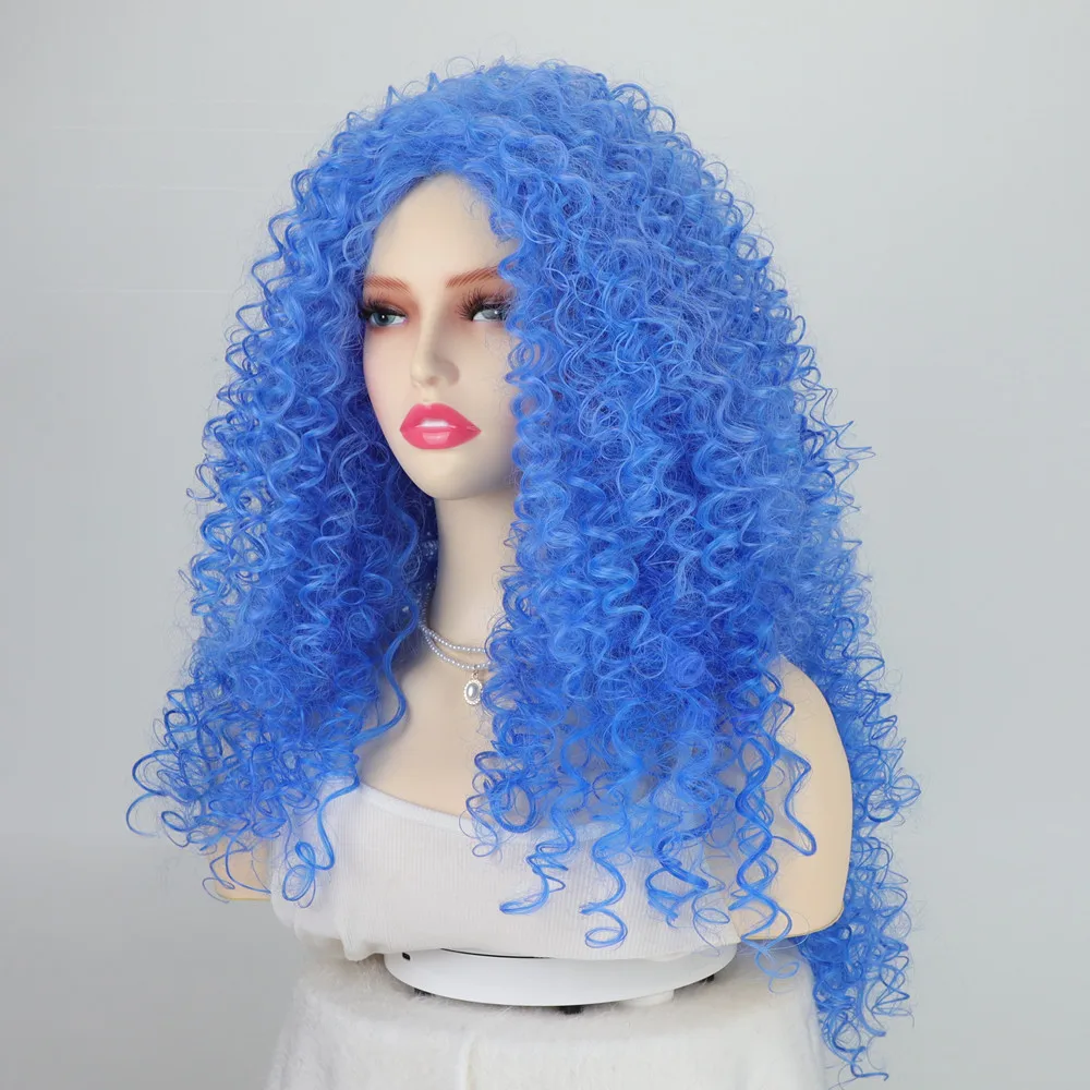 SQRDGQ Synthetic Natural Hair Woman Wigs Long  28inch Cosplay Women Wig kinky Curly Wigs for Women Blue Wig