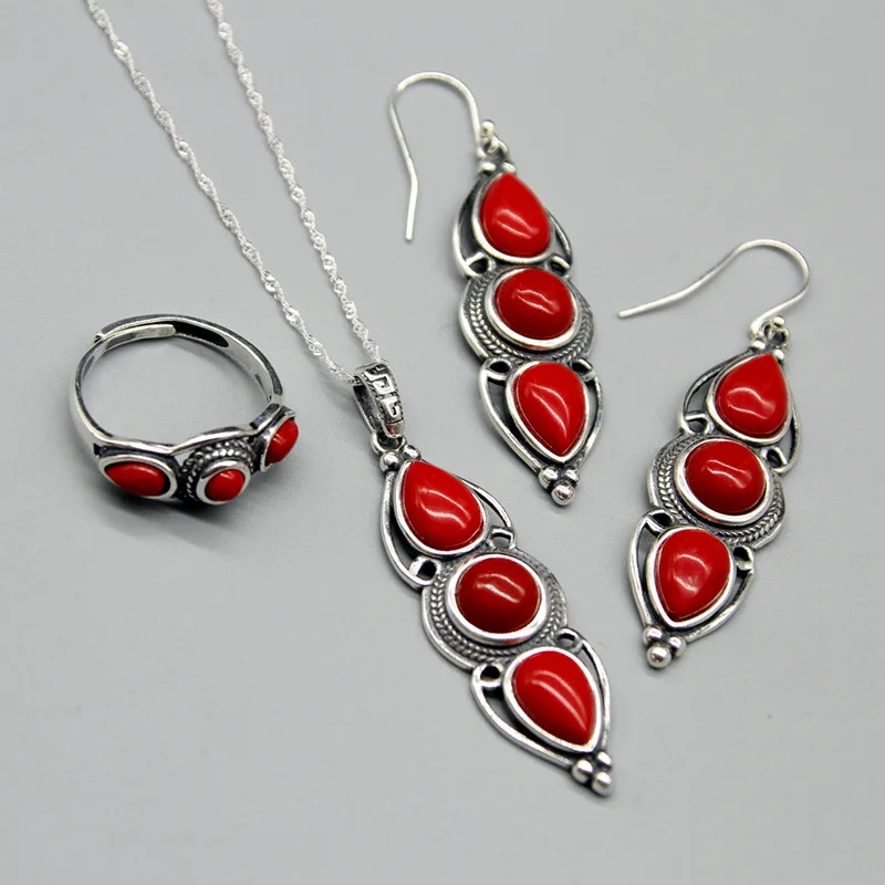 Red Turquoise Three-Piece Set Vintage Thai Silver Tibetan Prairie Style Unique Jewelry
