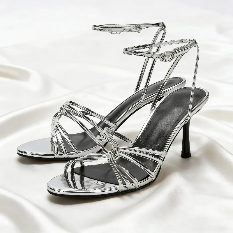 

Серебристые босоножки на высоком каблуке с ремешком на щиколотке, женские сексуальные туфли с открытым носком на шпильке, летние элегантные дизайнерские туфли для вечеринок