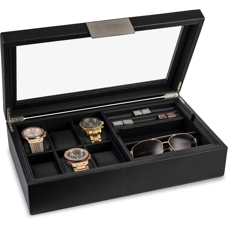 

Jewelry Box for Men - Holds 6 Watches, 12 cufflinks, 2 Sunglasses & Tray Storage - Mens Watch Case - CarbonFiber Organizer
