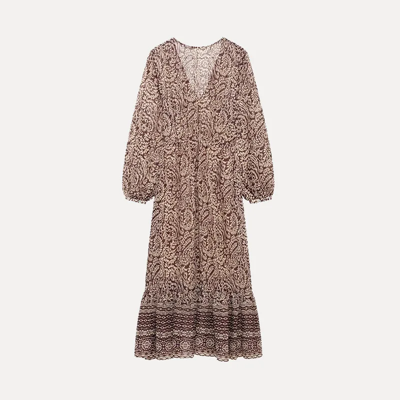 Primavera 2025 feminino rua sle midi dr v-ne em camadas decoração impressão casual faion fibra de poliéster 00% nova chegada