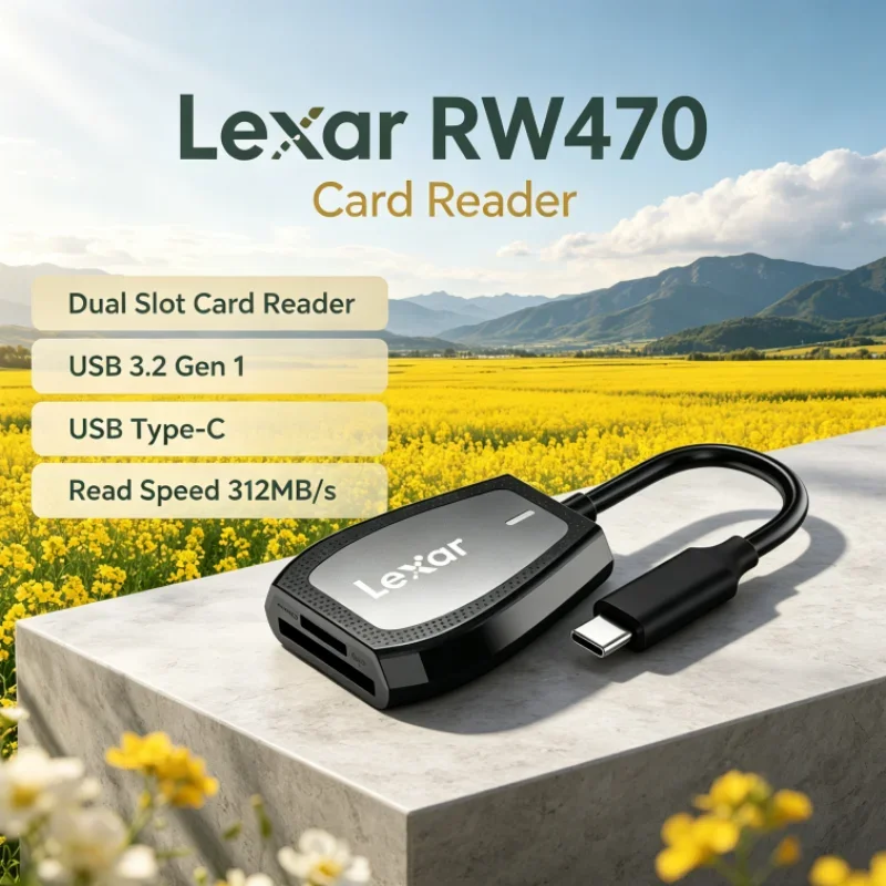 Lexar RW470 USB 3.2 Gen1 2-in-1 Dual Slot Type-C Card Reader SD microSD UHS-II 312MB/s Transfer Speed for Card Data Transfer