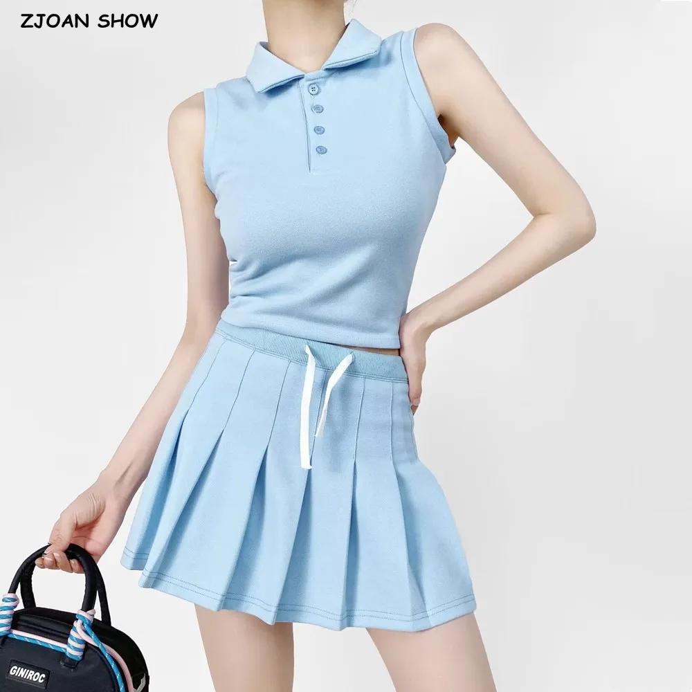 

2024 Preppy Style Polo Lapel Collar Sleeveless Tee Crop T-shirt High Waist Pleated Hem A-line Mini Skirt Suits 2 pieces 1 Set