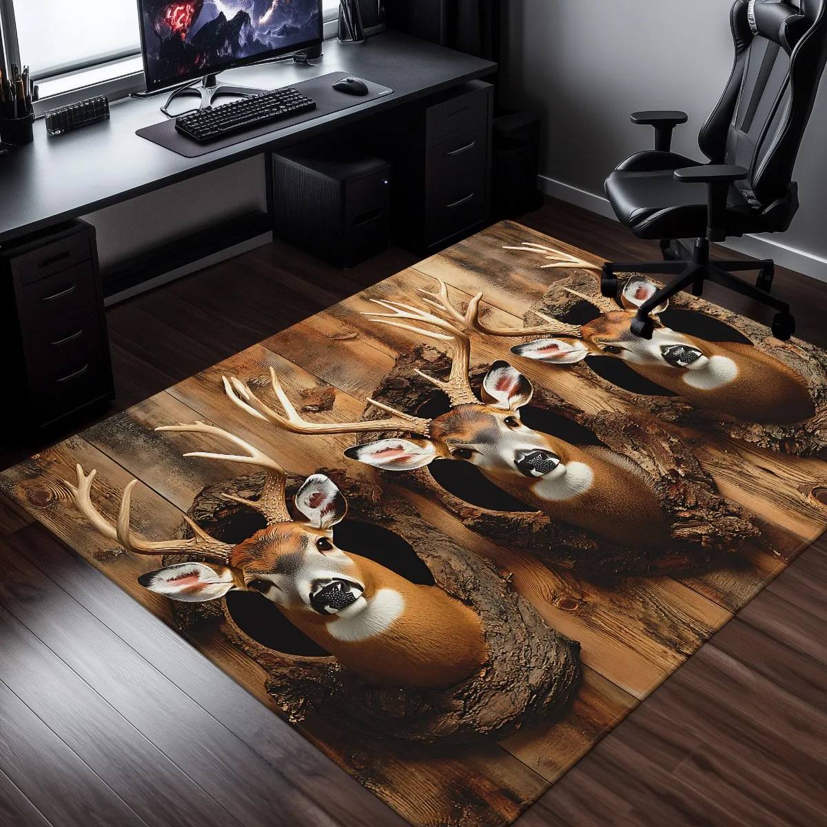 Three Deer Head Mount Rug Rustic Wood Background Soft Crystal Velvet Floor Mat Hunting Theme Home Decor 3D Realistic Design
