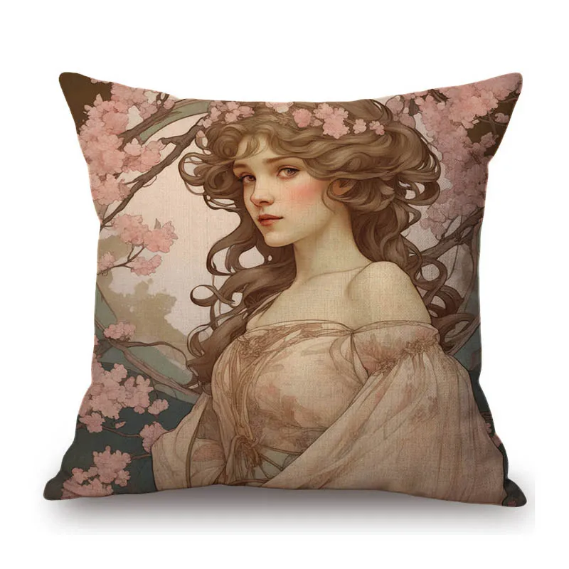 Beautiful Princess Girl Nouveau Art Mucha Style Aesthetic Cotton Linen Sofa Throw Pillow Case European Art Cushion Cover