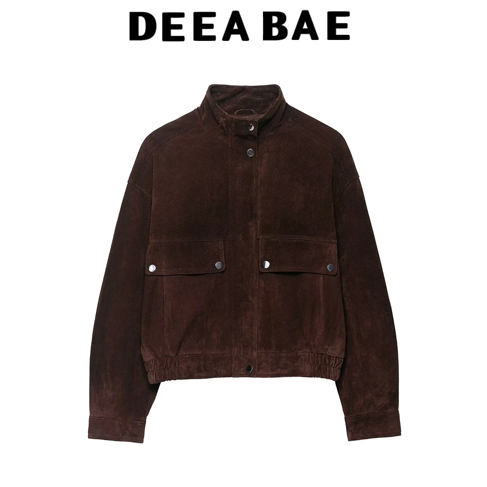 

DEEABAE 2025 Autumn New Fashion Style Maillard Brown American Stand up Collar Short Suede Coat Jacket