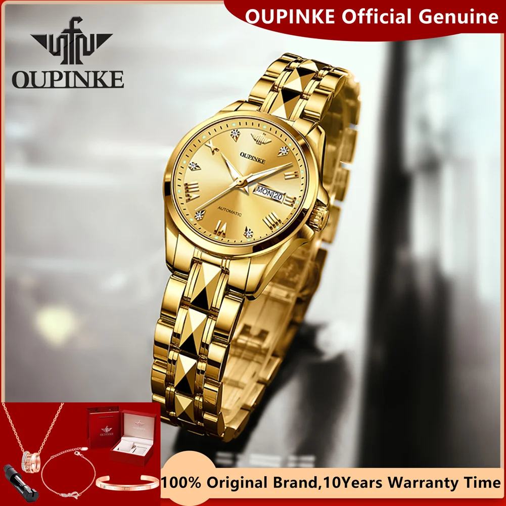 OUPINKE Original Automatic Watch for Women Tungsten Steel Strap Japan Import Mechanical Movement Women's Wristwatch Bracelet Set