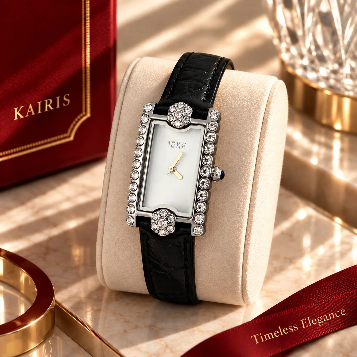 KAIRIS Women's Rectangle Watch Crystal Rhinestone Bezel Brown Leather Strap Elegant Vintage Analog Wristwatch
