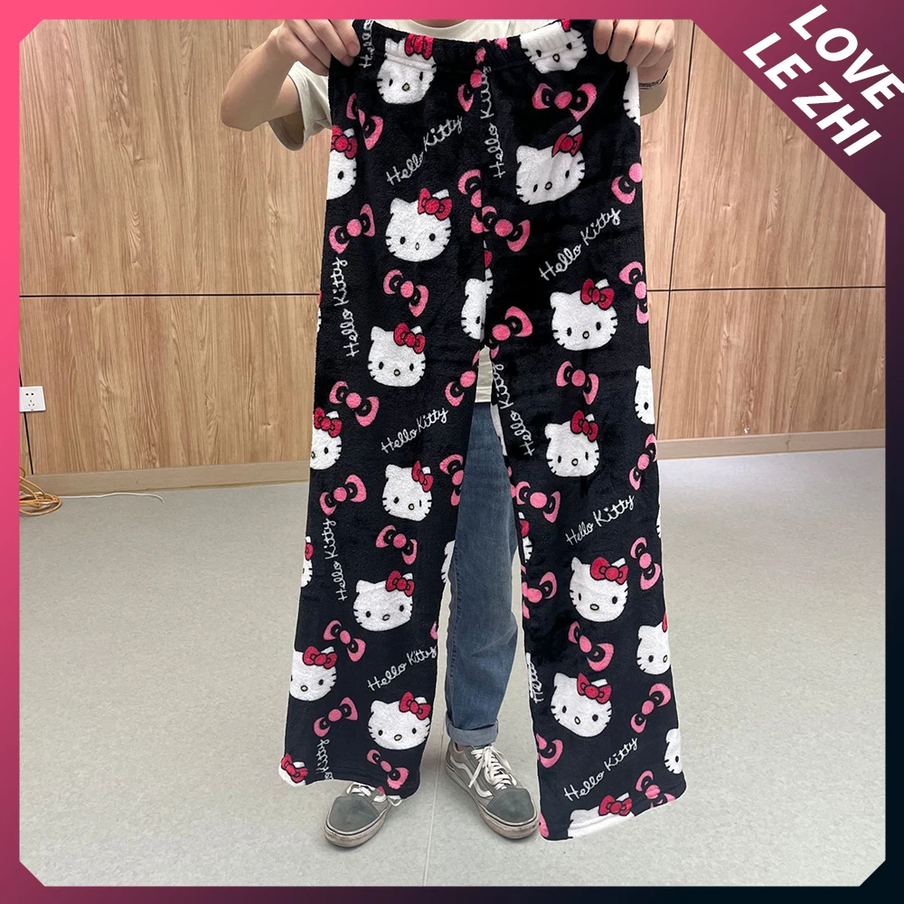 Sanrio Hello Kitty calças de flanelpara mulheres, calça quente, pijama solto, moda anime kawaii, calça casual para casa, outono, inverno