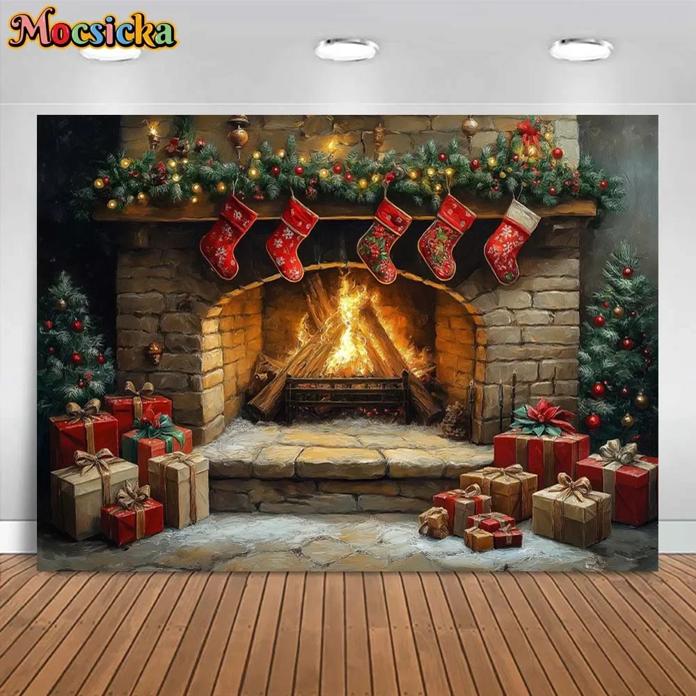 Mocsicka Christmas Fireplace Photography Backdrops Xmas Socks Gift Box Family Portrait Photo Background Studio Photo Shoot Props