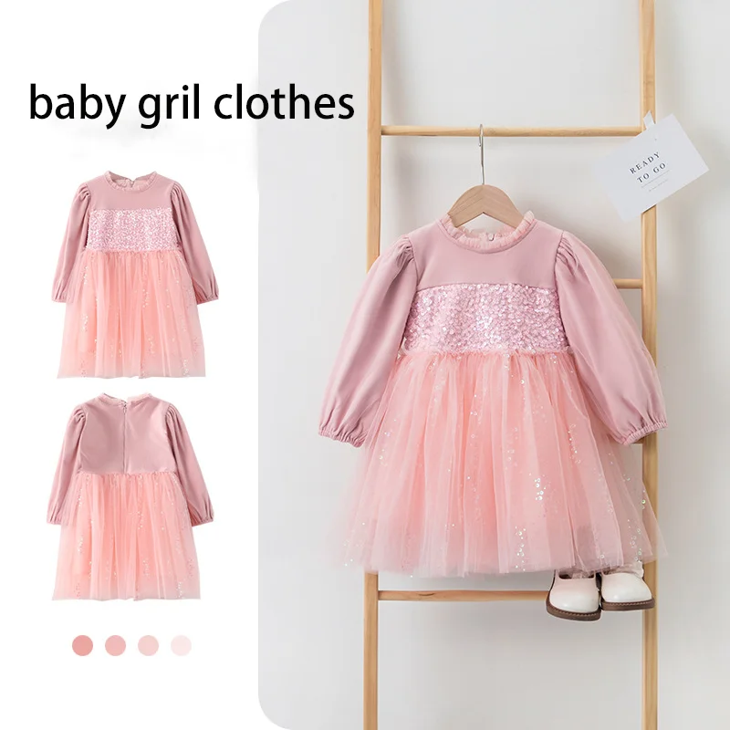 

Children's Dress Girl Princess Dress Birthday Party Night Costume Pink Long-sleeved Sequined Mesh Dress For Baby Girl 3-8Y