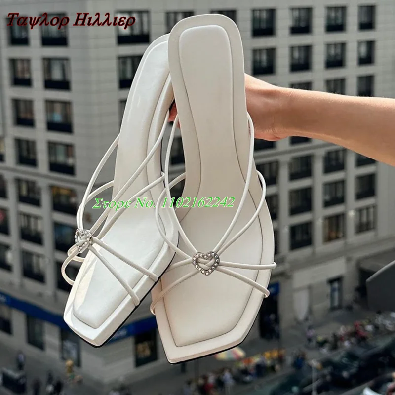 

7CM White Wedding Mule Shoes Summer Square Toe Stiletto Crystal Cross Strap Slippers Fashionable Top Quality Shoes For Women 42