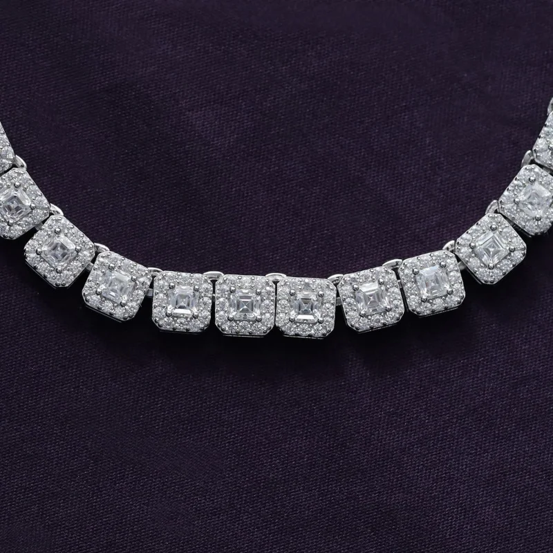 925 Sterling Silver 4MM & 6MM Tennis Chain Necklace For Men Asscher & Round Lab Created Moissanite Jewelry 18K Gold P