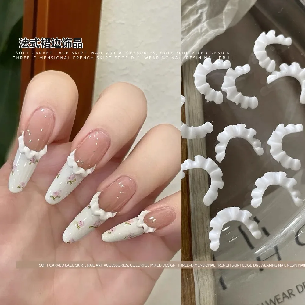30pcs Soft-carved French lace Resin Nail Charms Parts Classic White Lace Skirted Nail Art Rhinestones Decorations 3D Accessories