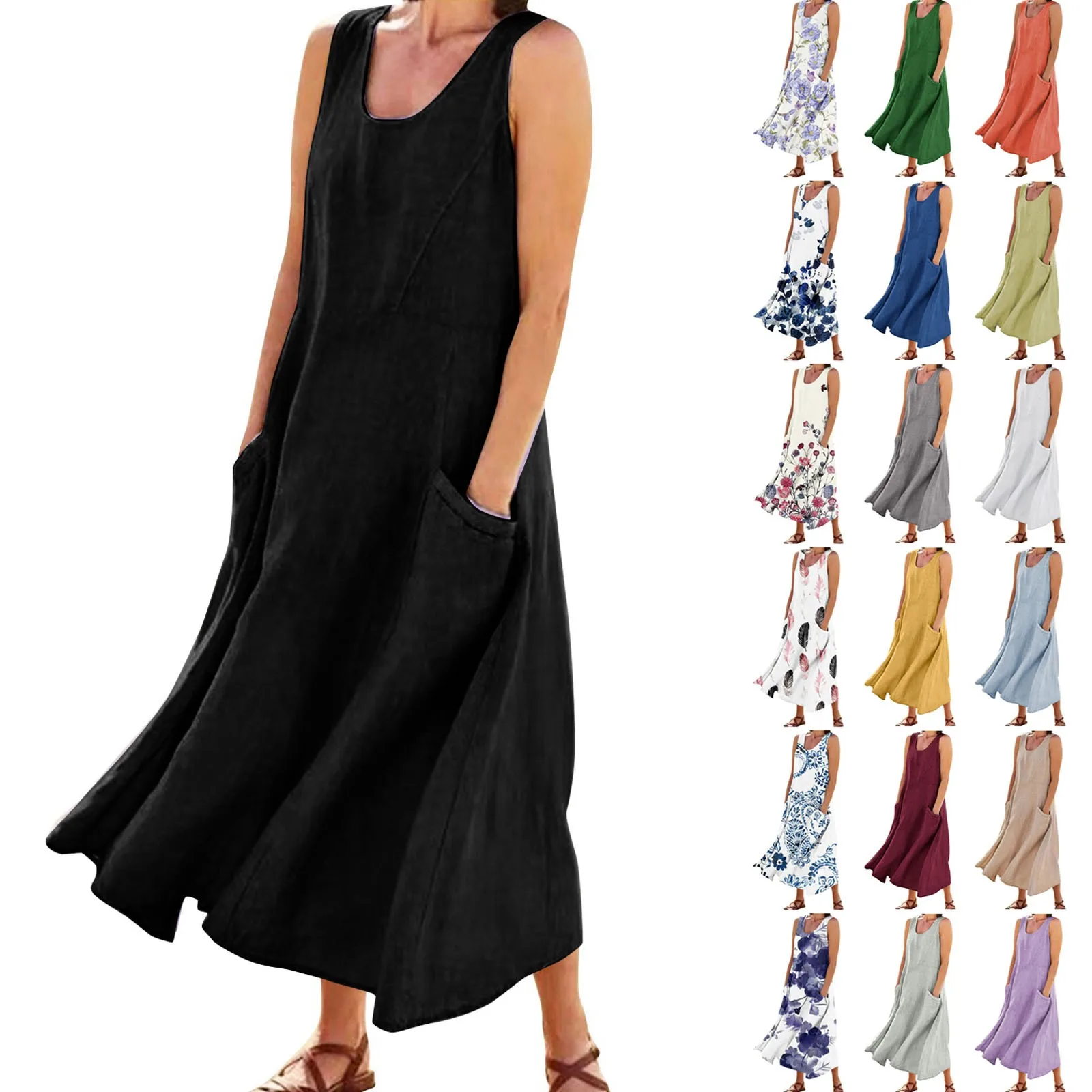 Vintage Cotton Linen Long Dresses for Women Summer Solid Color Sleeveless Boho Maxi Dress Pocket Loose Tank Dress Plus Size 5XL