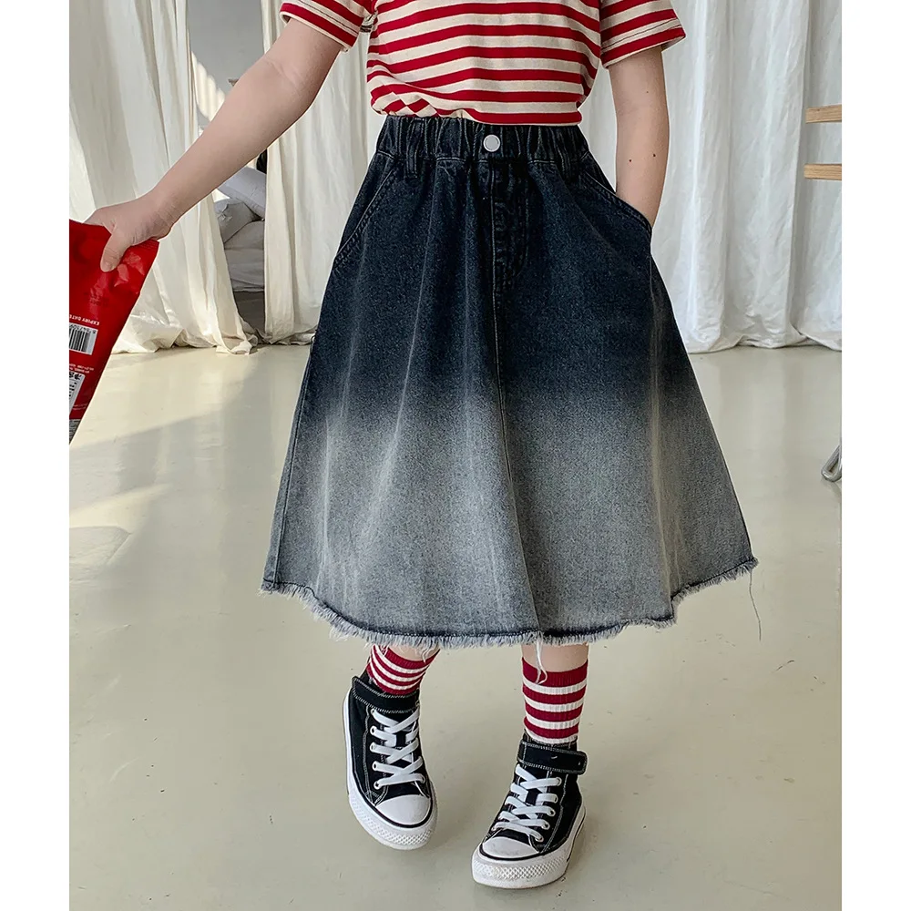 Spring Autumn Girls\' Denim Skirt 2023 Summer New Korean Baby Kids Retro Gradient Skirt Children\'s Fashionable Long Skirt