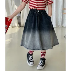 Spring Autumn Girls' Denim Skirt 2023 Summer New Korean Baby Kids Retro Gradient Skirt Children's Fashionable Long Skirt