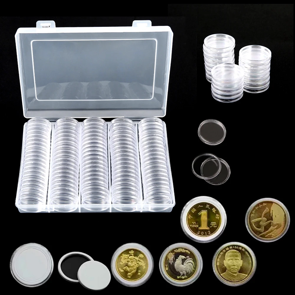 100PCS Adjustable Commemorative Coin Collection Case Holder Capsules Coin Storage Box With Adjustment Pad Coin Display Container