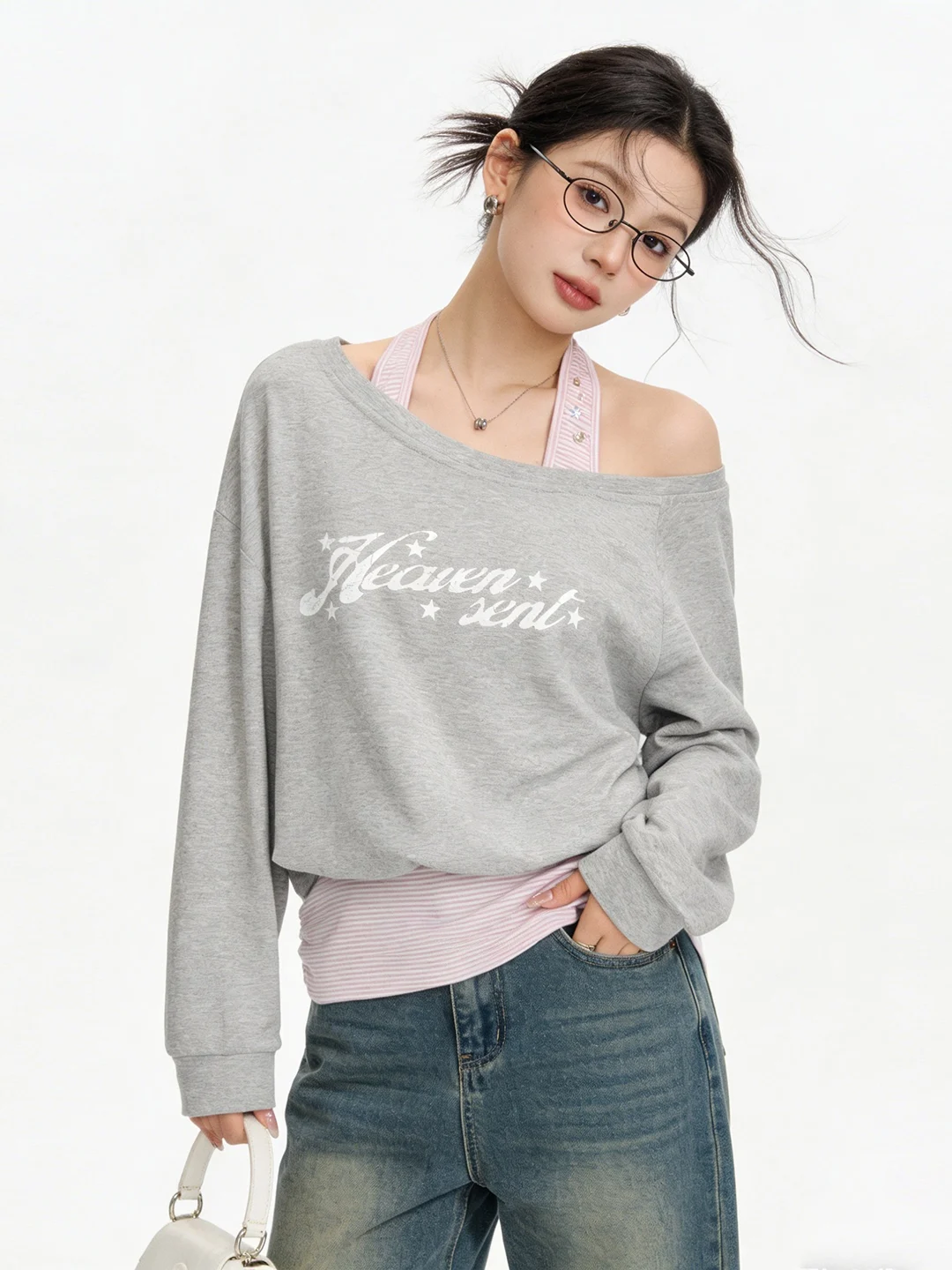 Korean Style Casual Sweet Anti-Aging Slimming Shoulder Off-Track Sweatshirt Early Spring New Striped Color Block Slimming Top