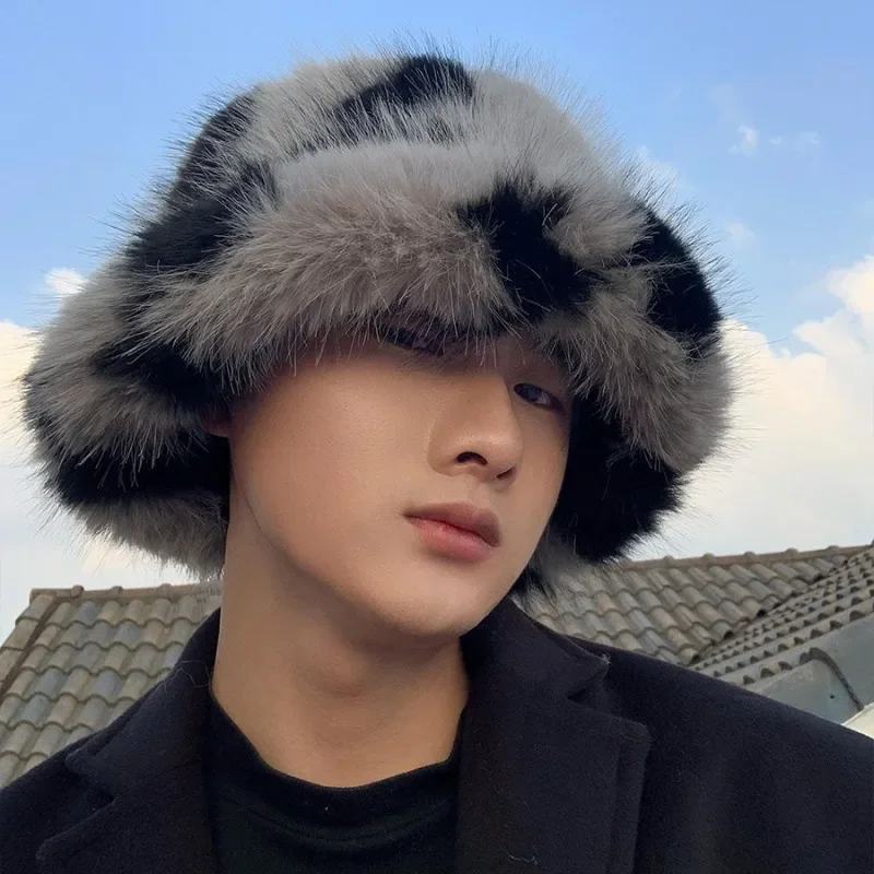 Winter Men Zebra-stripe Faux Fur Bucket Hat Fashion Fluffy Plush Fisherman Hat Bob Women Soft Warm Furry Thick Basin Hats Panama