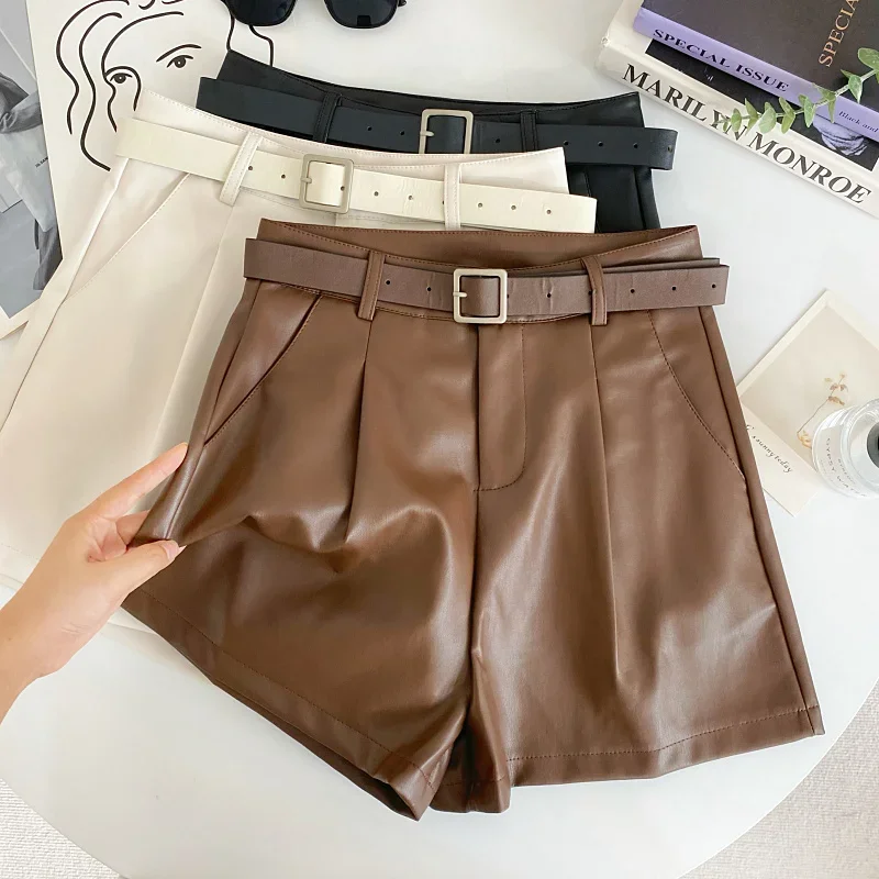 Kimotimo PU Leather Solid Shorts Women 2024 Autumn Winter Vintage Belt High Waist Outwear Wide Leg Short Pants All Match Clothes