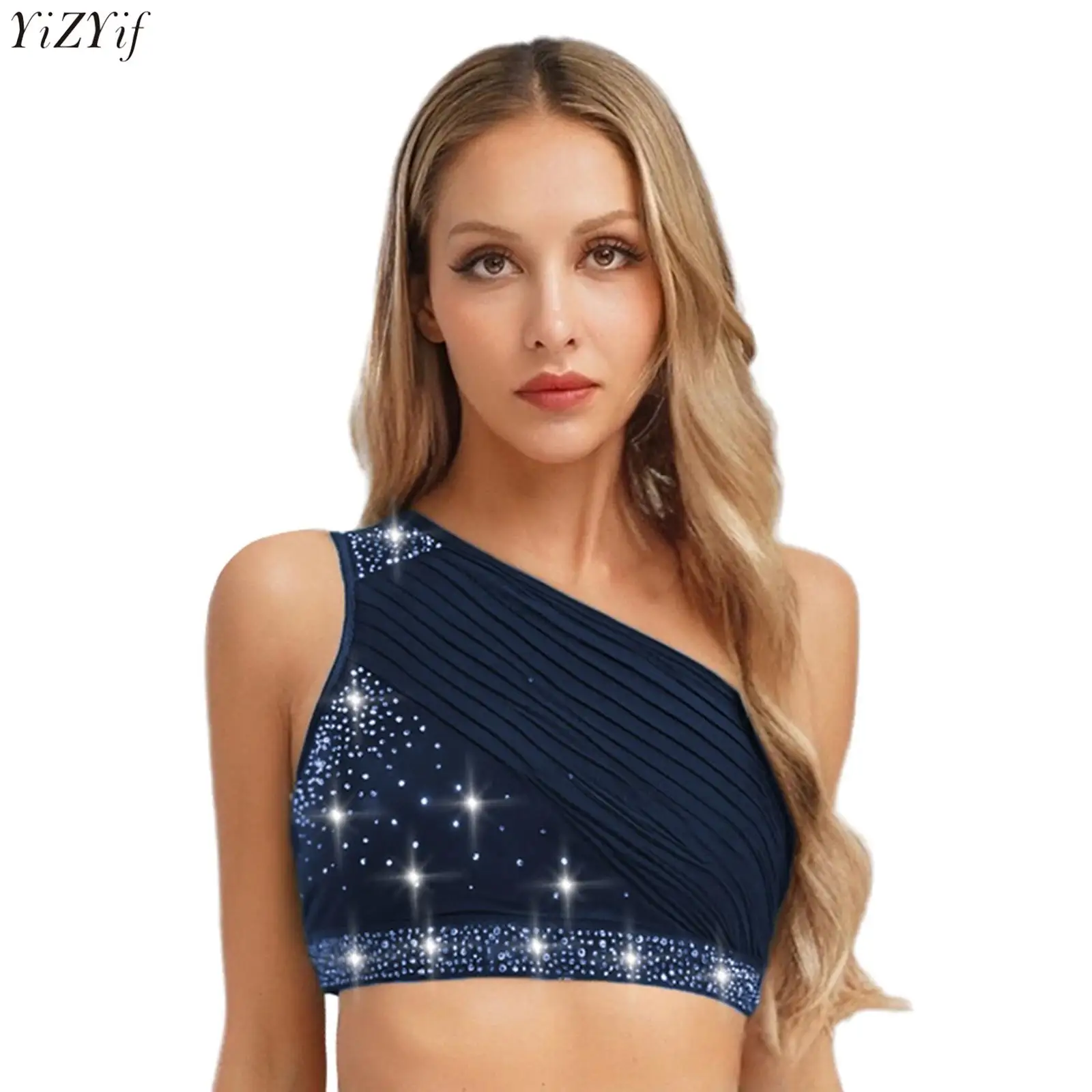 

2Pcs Womens Latin Cha-cha Dancing Costume One Shoulder Rhinestone Ruched Tank Crop Top+Tassel Shorts Figure Skating Dancewear