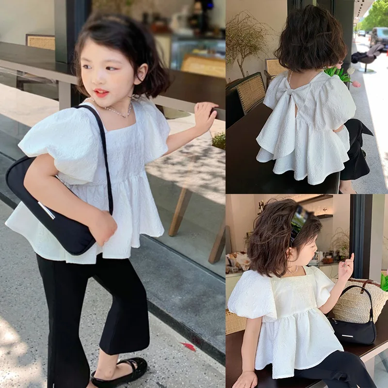 2024 Summer Girls Korean Style Set Sweet Square Neck Bubble Backless Top with Side Split Flare Pants New Fashion Childrens Wear