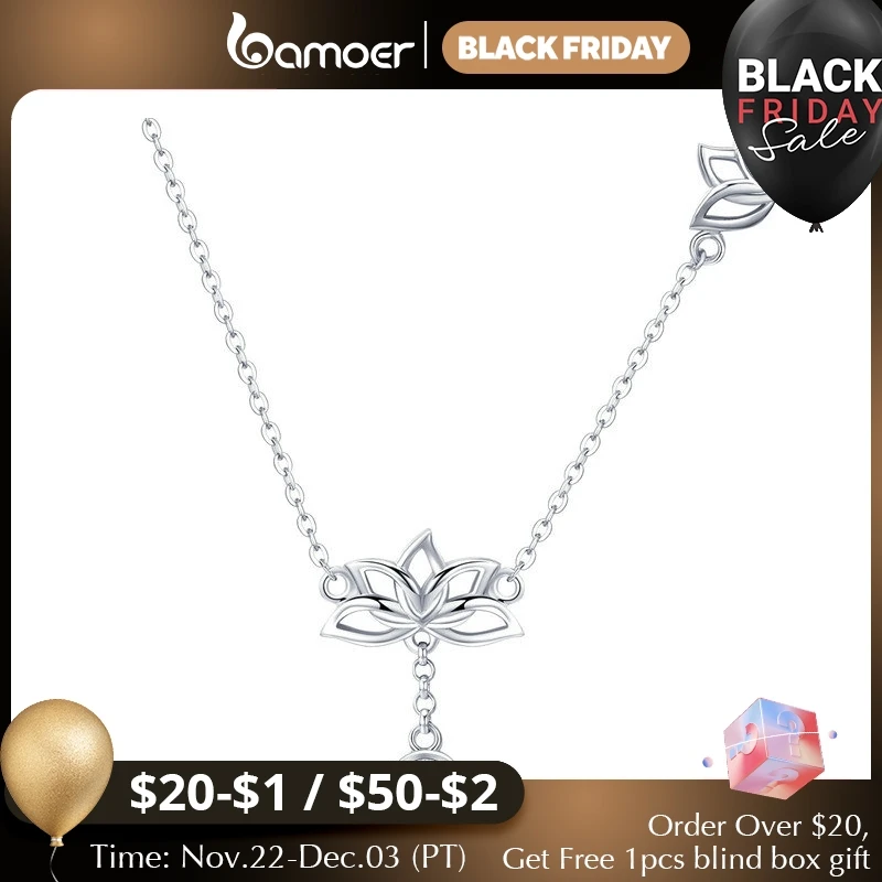 Bamoer 100% 925 Sterling Silver Elegant Lotus Pendant Necklaces Cubic Zircon Flower Necklace for Women Fine Jewelry BSN012