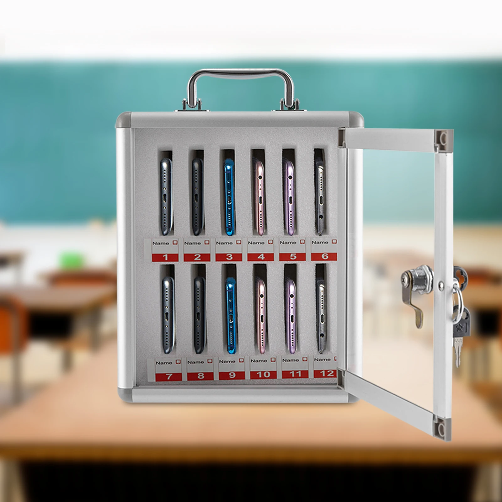 12 Slots Aluminum Alloy Cell Phones Storage Cabinet Pocket Chart Storage Locker Box with Safety Lock and Handle for Classroom