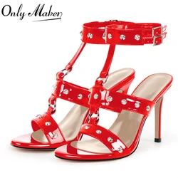Onlymaker Women 10CM Thin High Heel Open Toe Buckle Rivet Ankle Strap Stiletto Sandals Party Dress Heels