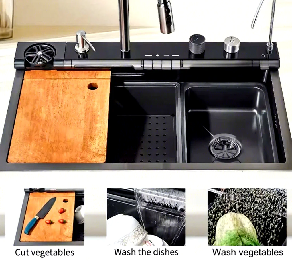 304/201 Stainless Steel Kitchen Sink - LED Waterfall Multi-Functional Handmade Single Bowl Kitchen Sink with Faucet