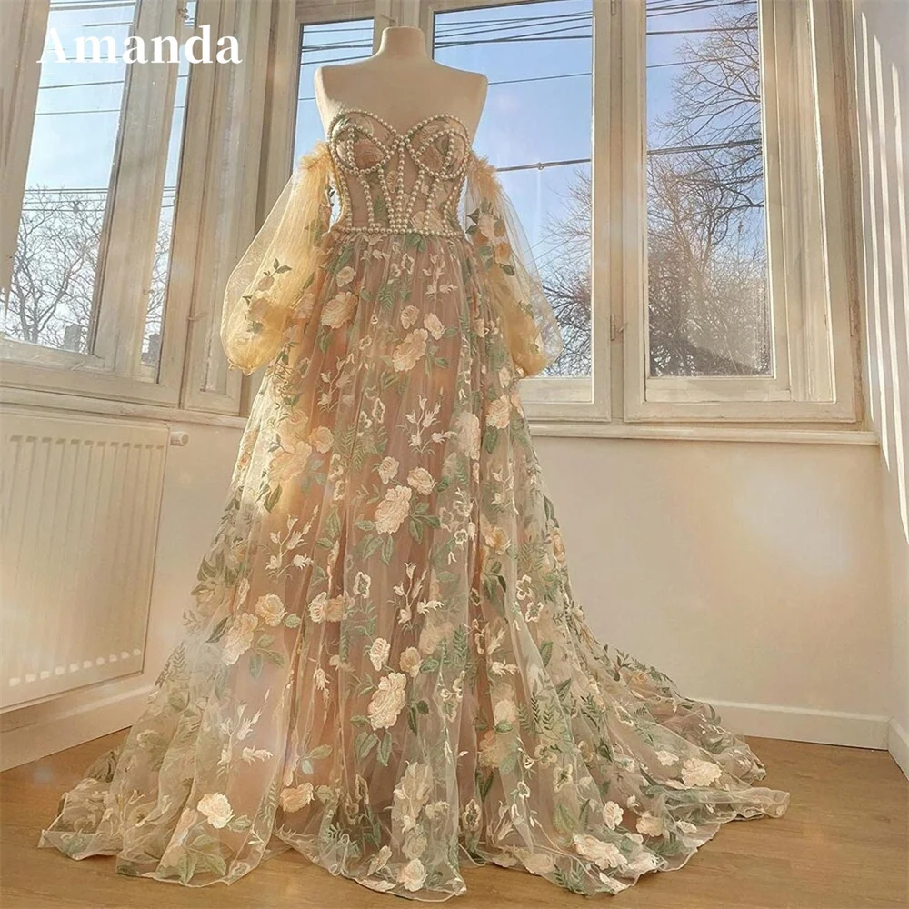 Amanda Handmade Pearl Beading Prom Dress 2023 Princess Puffy Sleeve Evening Dresses Off Shoulder Party Dresses Robe De Soirée