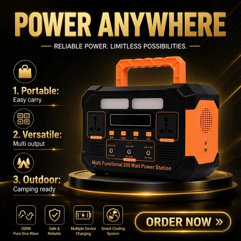 200W Portable Power Station With LiFePO4 Battery Solar Panel Emergency Backup For Camping RV & Home Use