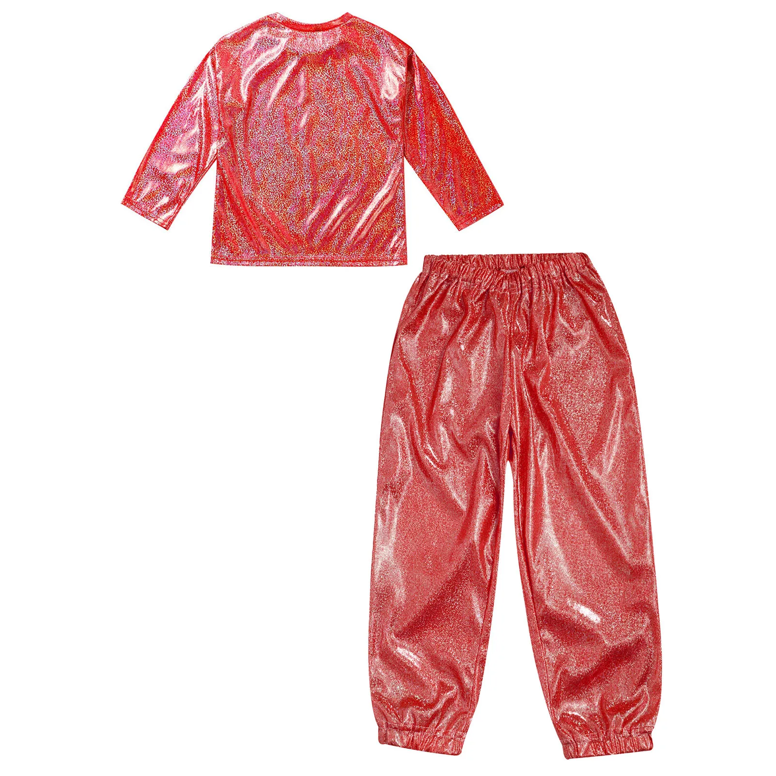 Kids Boys Girls Metallic Hip Hop Jazz Street Dance Costume Shiny T-shirt with Pants School Show Party Performance Dancewear