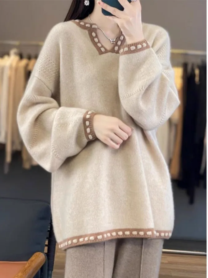 

Thiened Knitted Sweater Women's Autumn Winter V-ne Base irt Loose Lazy Sle Sweater Casual Loose Fit Long Sve