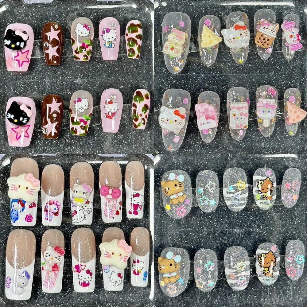 

Sanrioed Hello Kittys Kawaii Ice Cream Handmade Press On Nails 3D Leopard Print Wearable Reusable Beach Star Almond Fake Nails