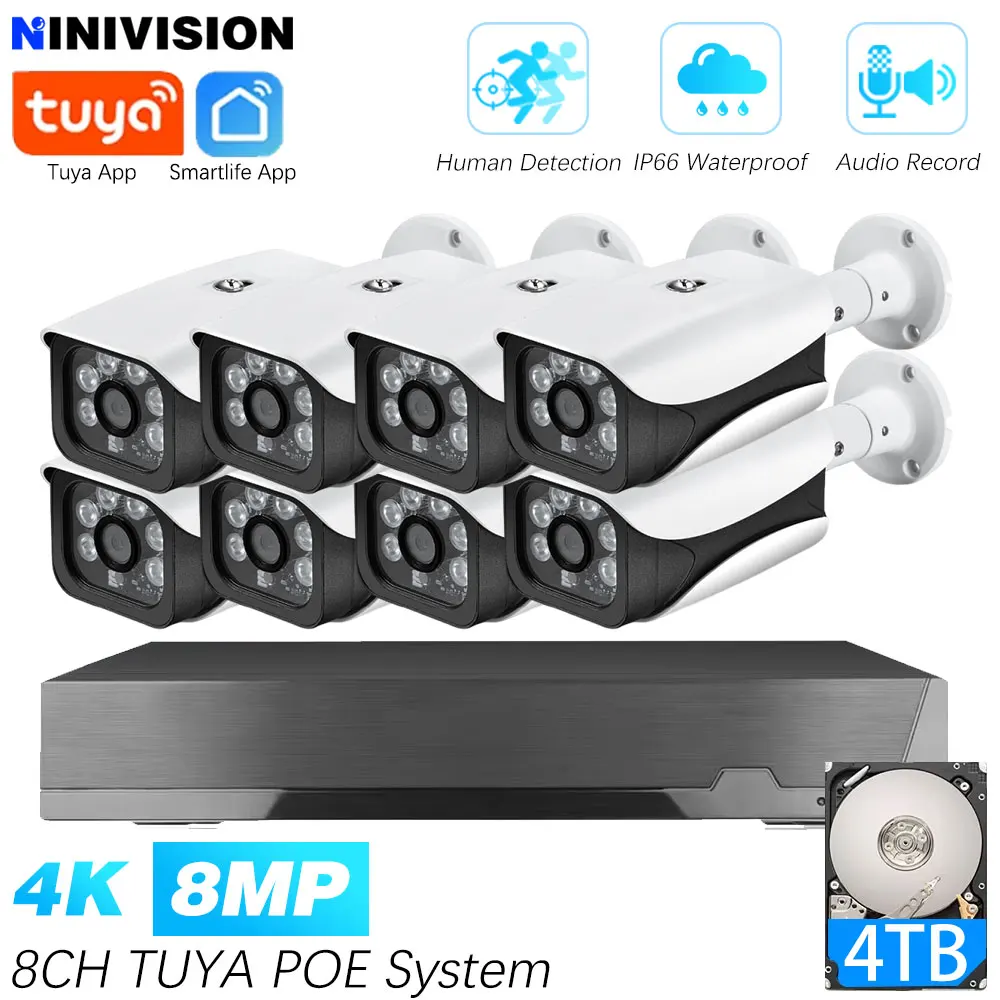 

Tuya 8CH POE NVR Комплект видеонаблюдения 4K 8MP Super HD Уличные IP-камеры Ночное видение Аудиозапись Система видеонаблюдения