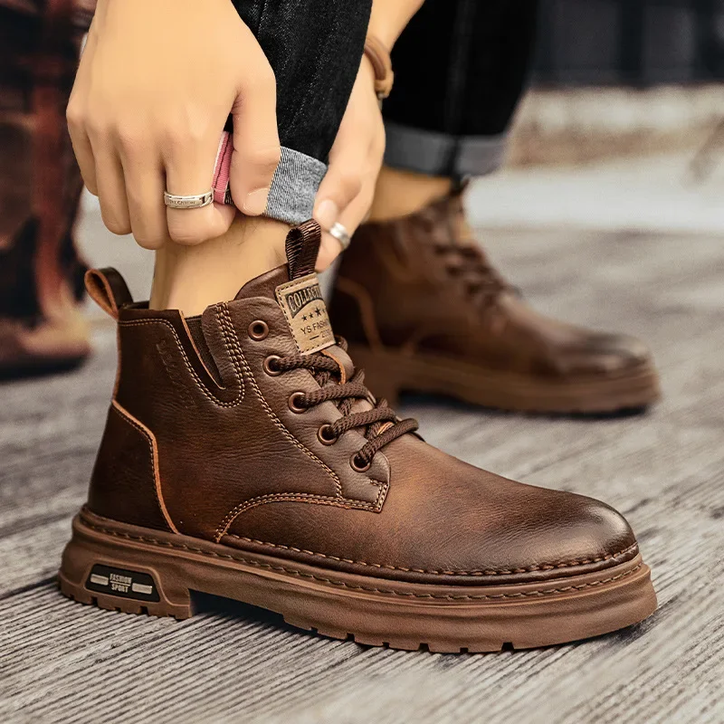 

Men Ankle Boots Retro British High-top Men Boots Fashion High Quality Leather Shoes 2025 New Outdoor Men Motorcycle Boots
